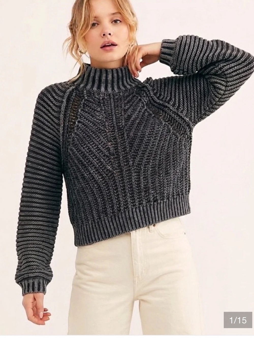 Free People Charcoal Ribbed Cable Mock Neck Sweater
